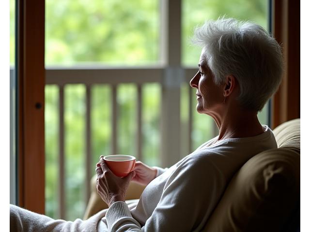 Osoba w średnim wieku spokojnie pijąca herbatę na balkonie z widokiem na zieleń, symbolizująca radzenie sobie ze stresem.