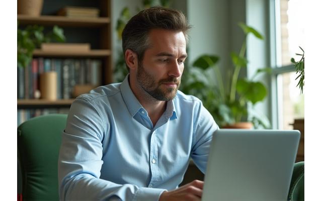 Mężczyzna w średnim wieku, zrelaksowany, pracujący na laptopie w wygodnym otoczeniu