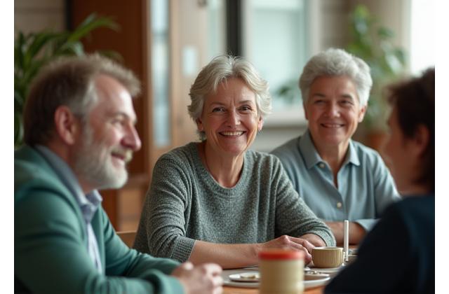 Grupa dorosłych śmiejących się i rozmawiających w grupie wsparcia