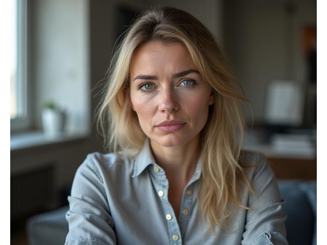 Anna przed transformacją: zmęczona, w tle nudne biuro