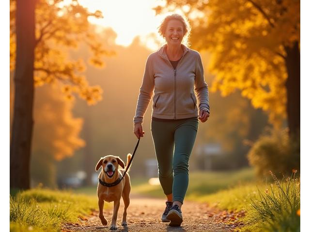 Ewa po transformacji: uśmiechnięta, na spacerze z psem