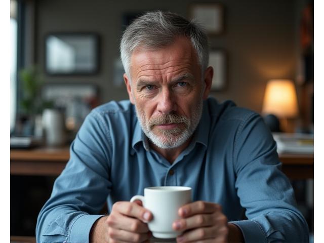 Marek przed transformacją: zestresowany, trzymający kawę w biurze