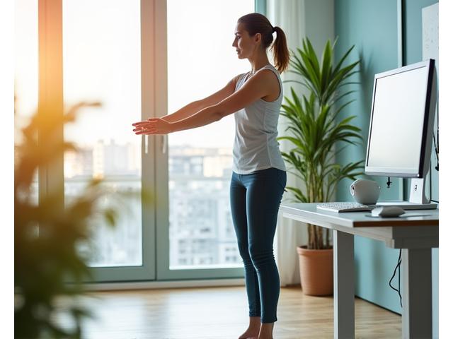 Osoba ćwicząca przy biurku, wykonująca delikatne rozciąganie, z widocznym ergonomicznym krzesłem i monitorem.