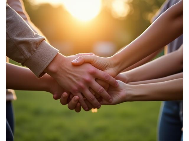 Wiele rąk w różnym wieku, wspierających się nawzajem, symbolizujących budowanie społeczności i odporności na przeciwności losu.