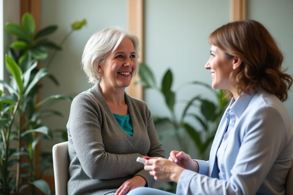 Kobieta po 40-tce rozmawiająca z sympatyczną konsultantką wellness, obie uśmiechnięte, w profesjonalnym i ciepłym biurze.